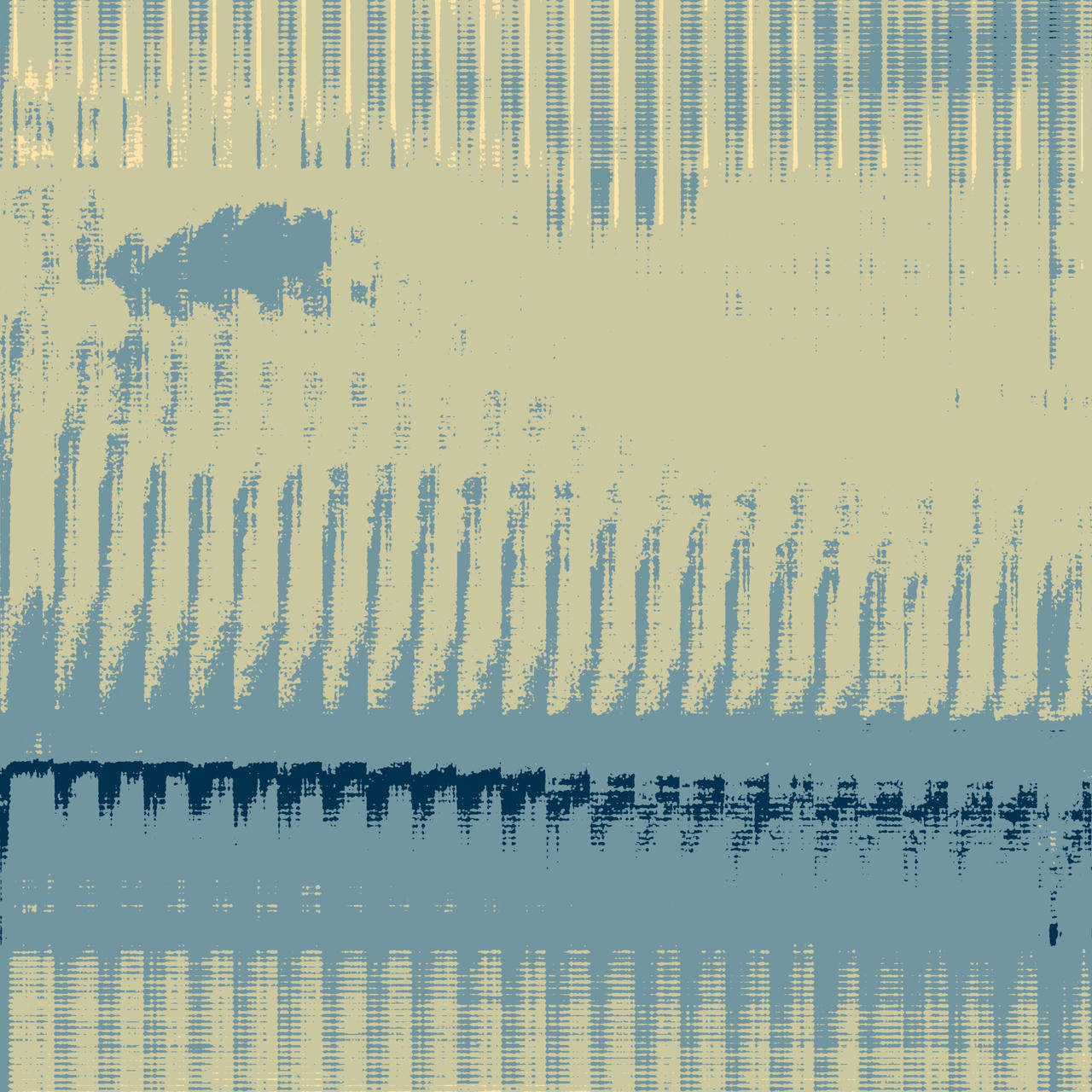Abstract glitch art in blues and yellows. There are vertical bands repeating with slight changes from each band to the next. It conceivably once was a landscape with horizon and clouds.