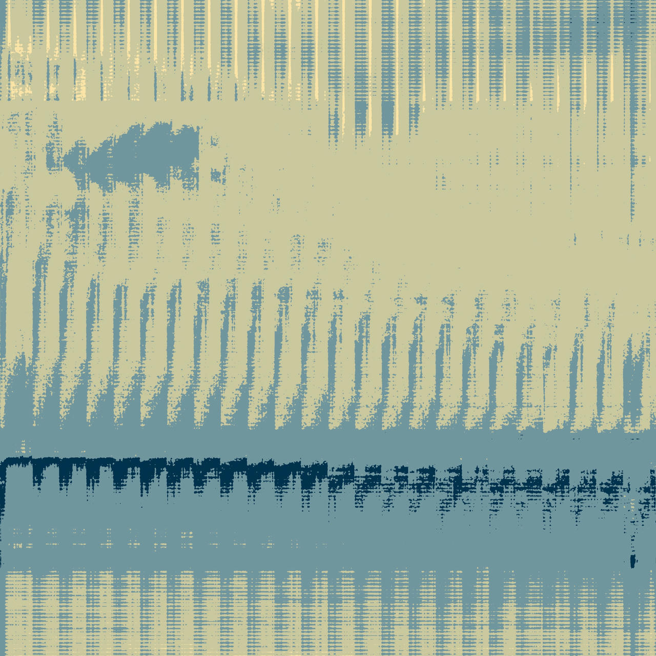 Abstract glitch art in blues and yellows. There are vertical bands repeating with slight changes from each band to the next. It conceivably once was a landscape with horizon and clouds.