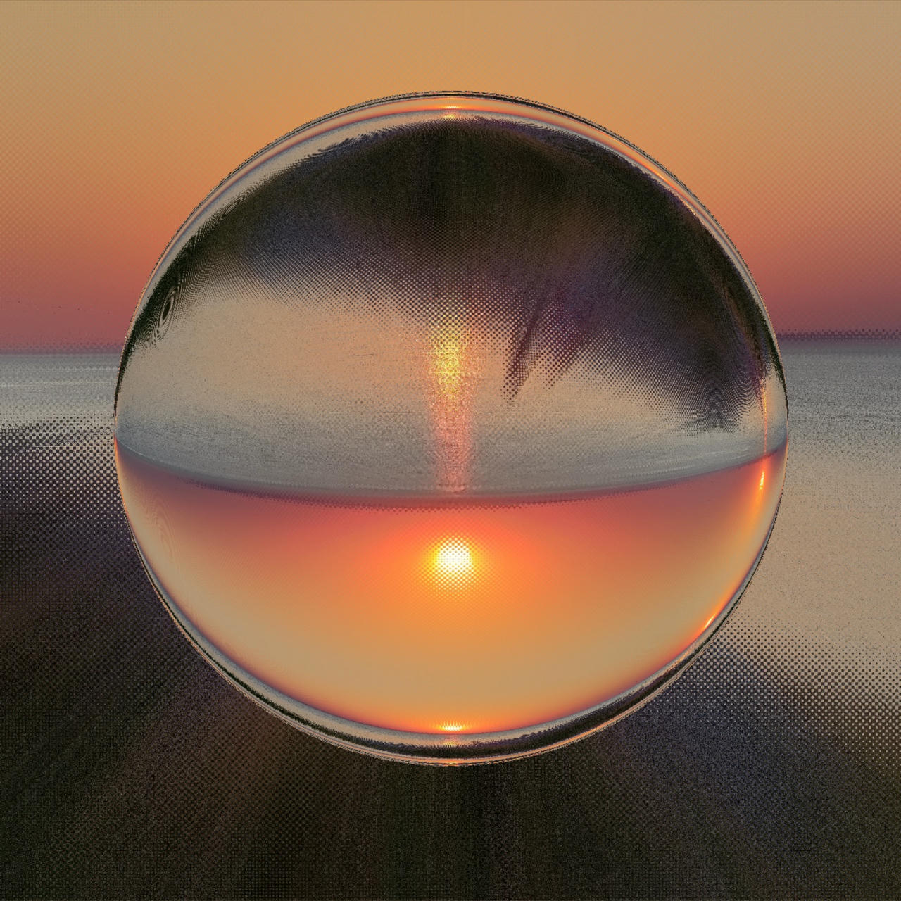 A seascape with a setting sun in a yellow sky. Over the image is superimposed a circular lens which inverts the scene, sea above sky.