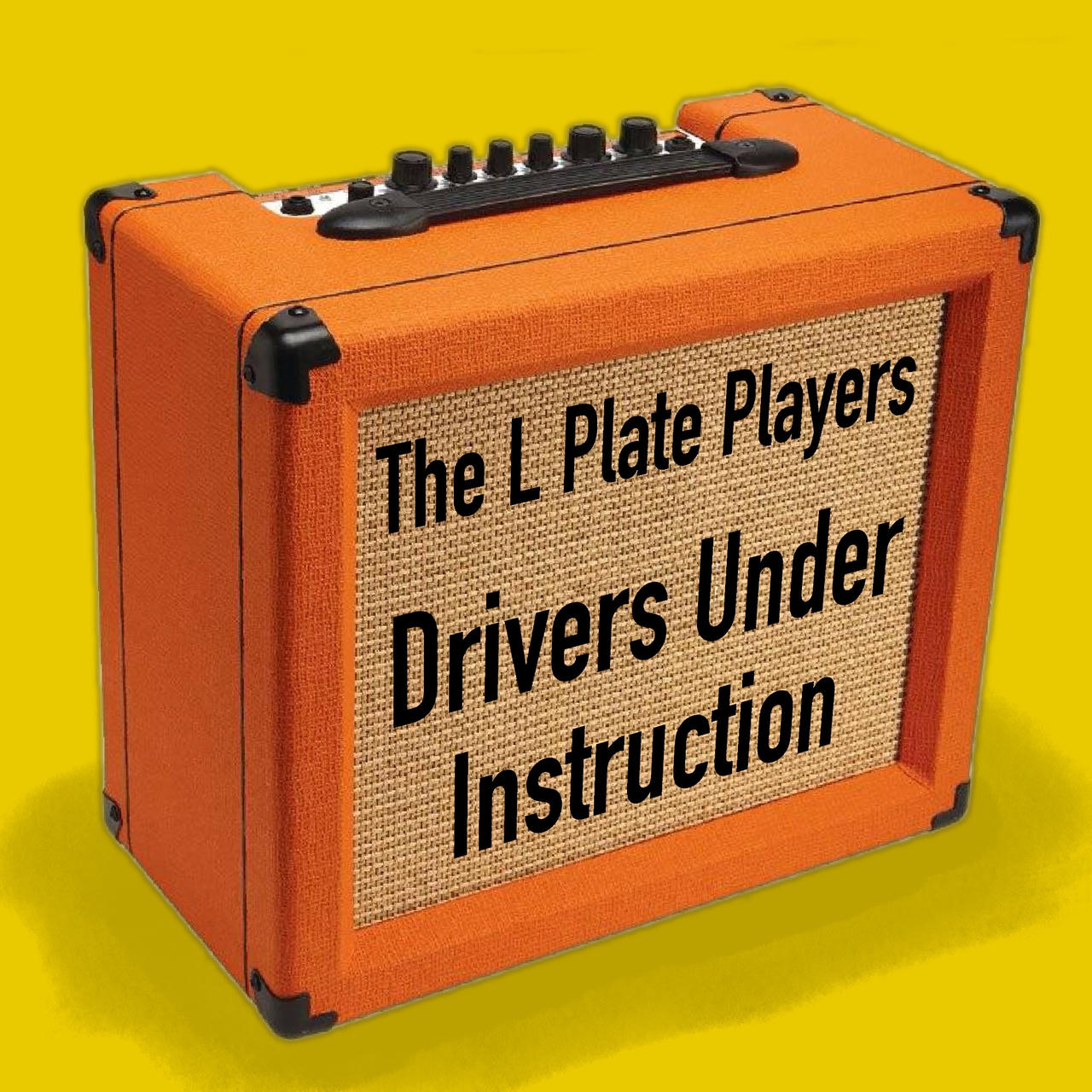 An orange guitar amplifier, with the artist and album name photoshopped over the fabric grille.