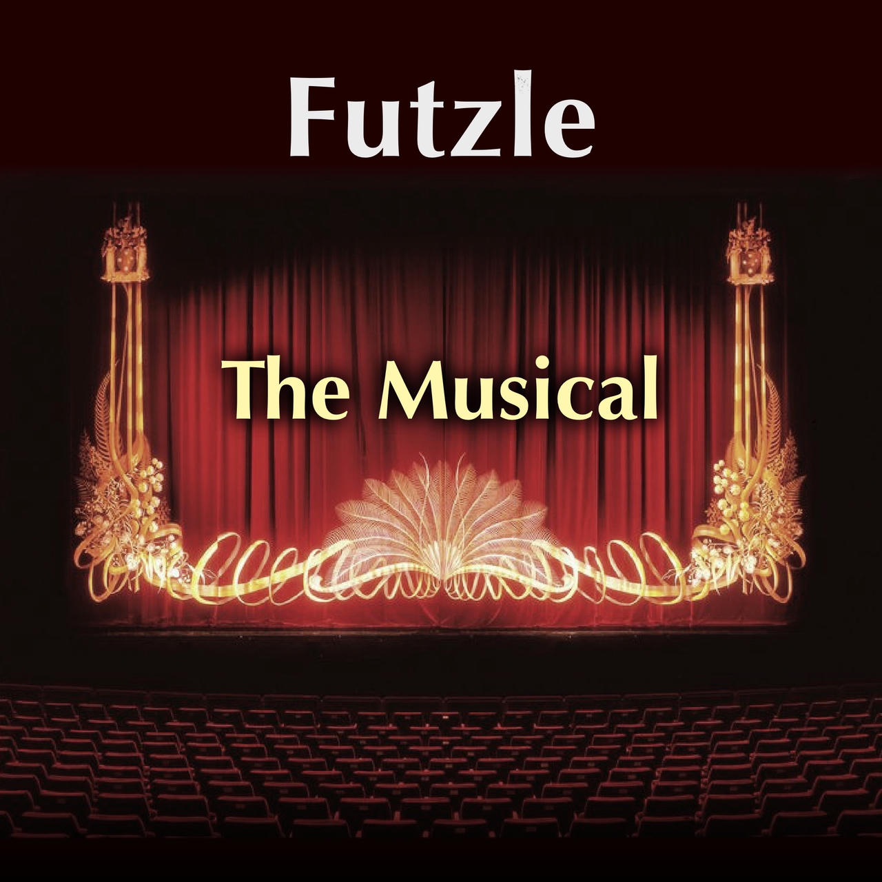 An embroidered theatre curtain in front of empty stalls.